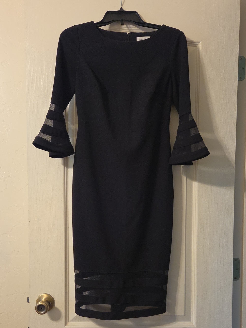 Calvin Klein Black Sheath Dress with Tiered Mesh Sleeves